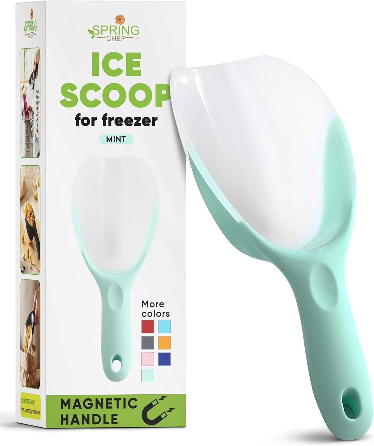 Spring Chef plastic scoop in use for pouring ice into a glass