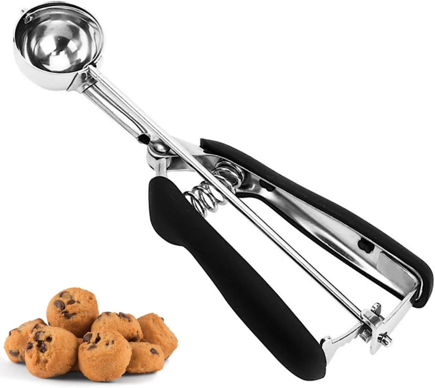 LLESCA cookie scoop in use on a baking sheet with cookie dough