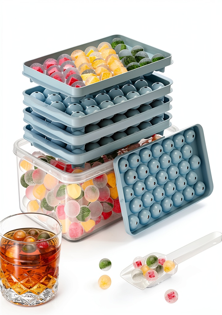 Optish ice cube tray with round ice balls in a glass