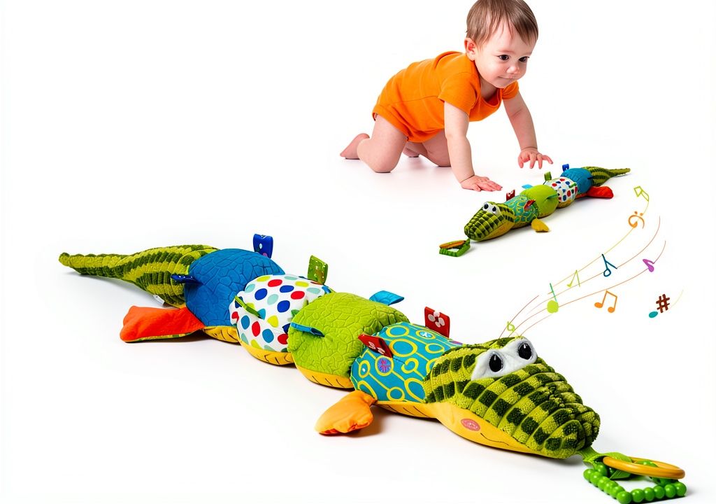 Baby playing with green crocodile musical plush toy during tummy time