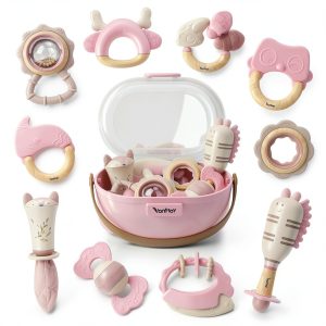 Baby Rattle Set Silicone Pink Rattles for 3-18 Month Babies-0