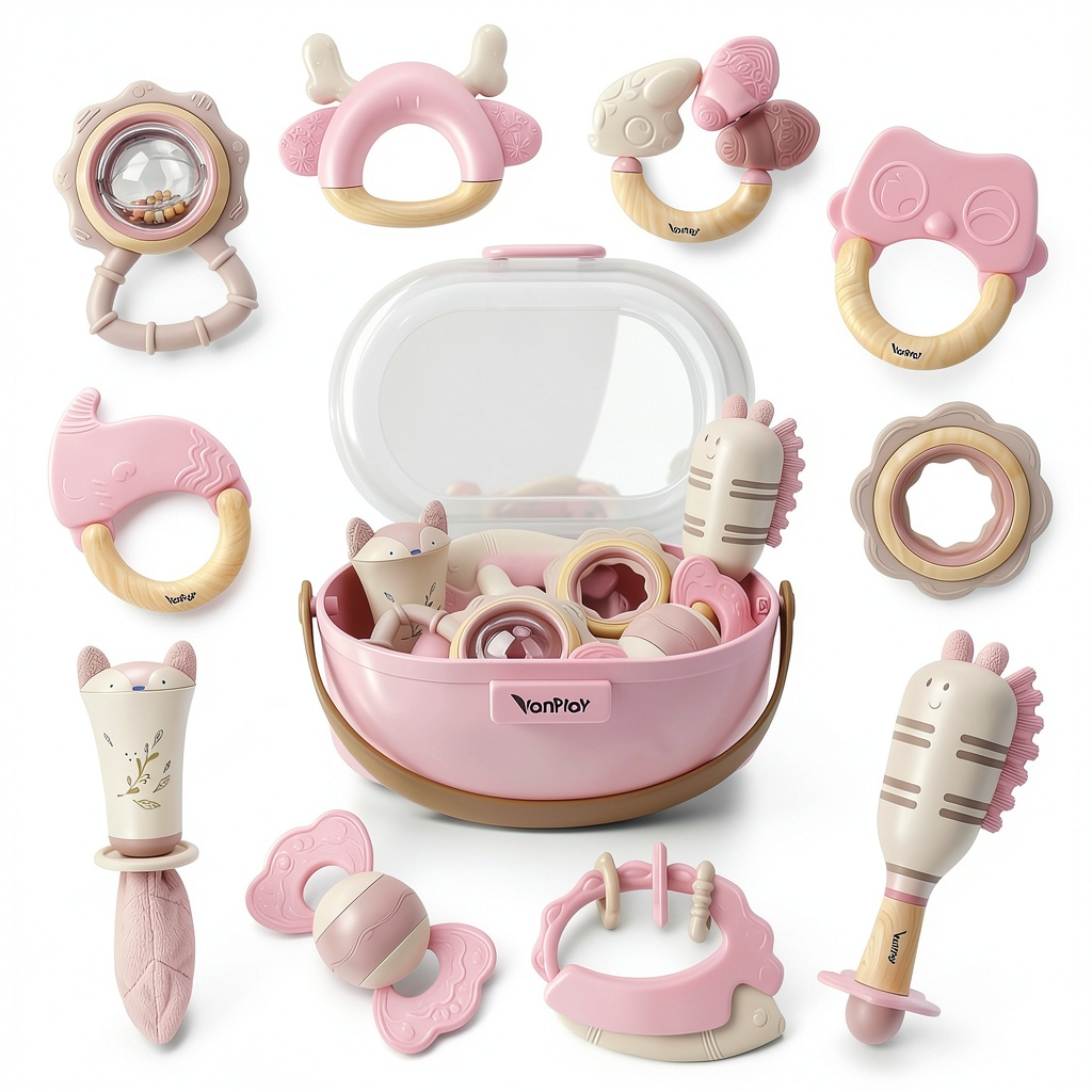 Installing Silicone Baby Rattle Set on a wooden nursery shelf