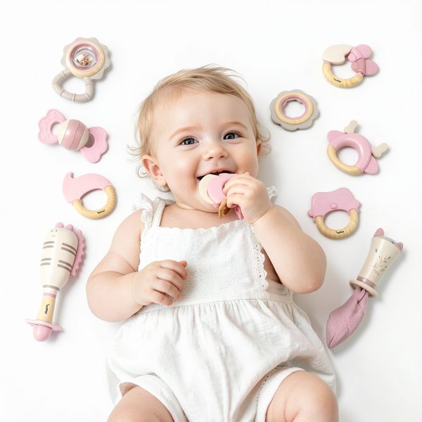 Baby Rattle Set Silicone Pink Rattles for 3-18 Month Babies-3