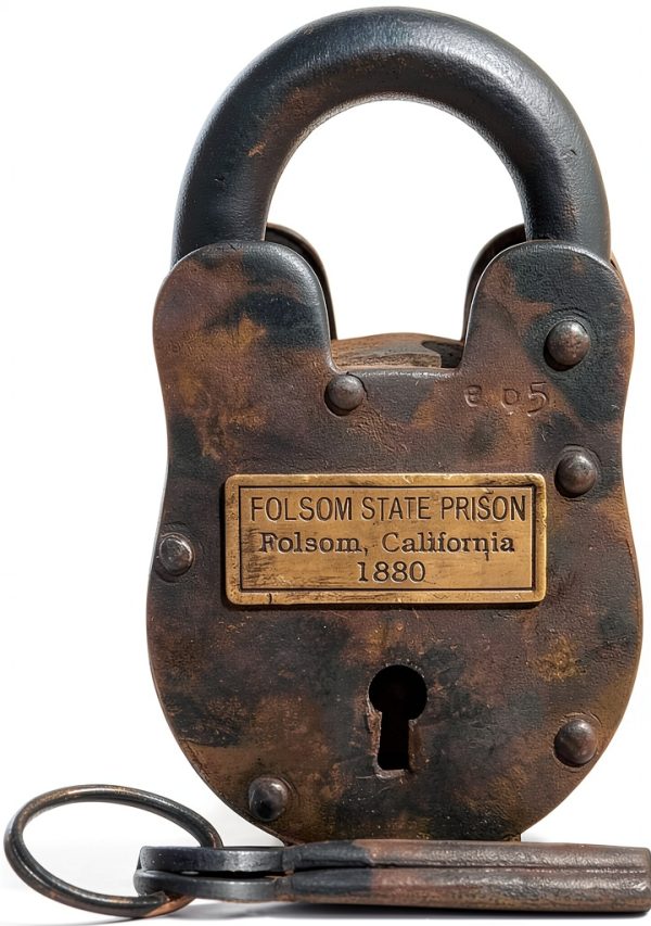 Folsom 1880 California State Prison Cast Iron Lock Keys Brass Tag with Antique Finish (4" x 2.5")-0